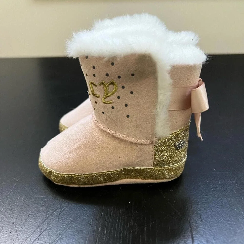 Juicy Couture Infant Boots Pink Gold Glitter Faux Fur‎ Bow Size 2